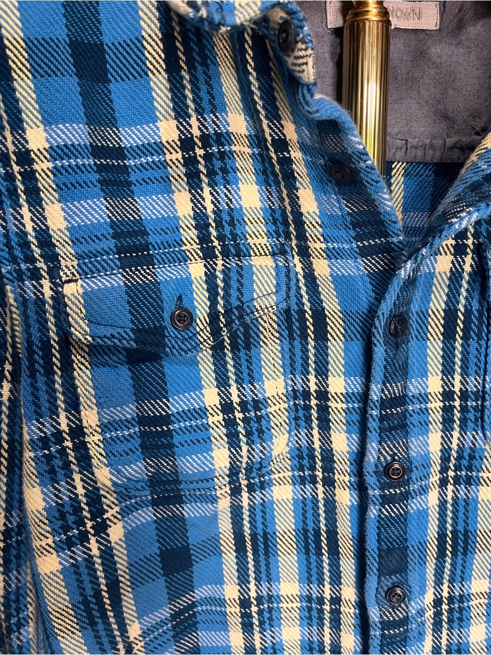 Outerknown Blue and Yellow Plaid Button Down Shacket Medium - Picture 4 of 10
